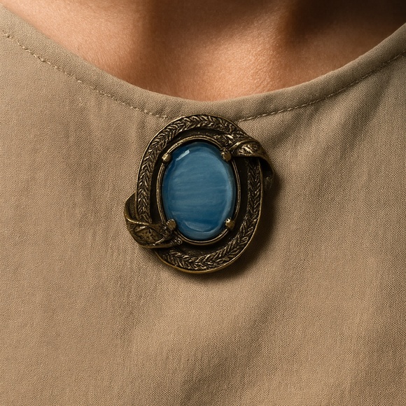 Miracle Celtic Brooch Blue Glass in Etched Brass setting oval 1.5” long vintage - Picture 1 of 11